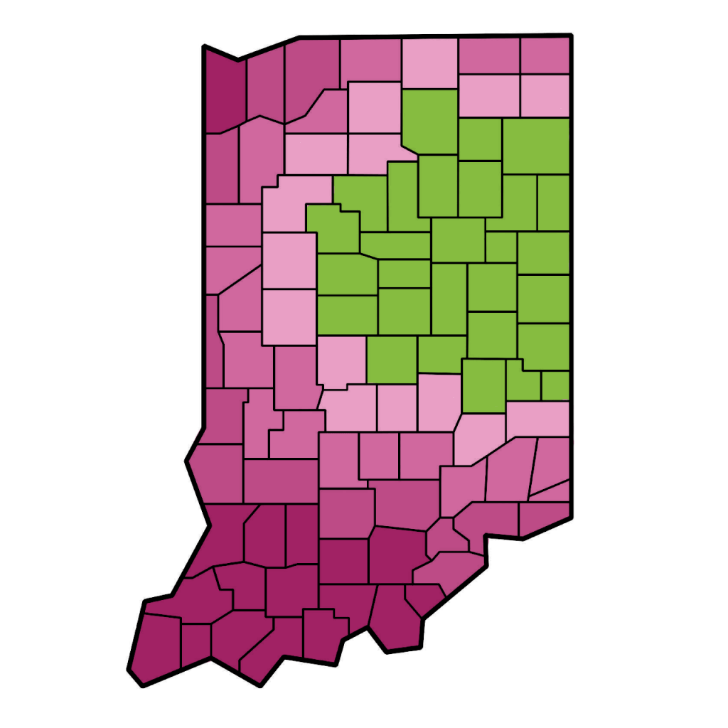 A map of Indiana with East Central Indiana and the surrounding counties highlighted in green. 